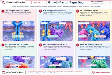 Insulin or IGF-1 binds a receptor tyrosine kinase, which recruits PI3K; PI3K turns PIP2 into PIP3, a docking site for AKT. AKT needs two inputs: PDK1 phosphorylates Thr308 and mTORC2 phosphorylates Ser473. AKT then weakens the TSC brake on Rheb by phosphorylating TSC2, and separately phosphorylates PRAS40, a restraining partner inside mTORC1. One phosphorylation readout does not prove cell growth.