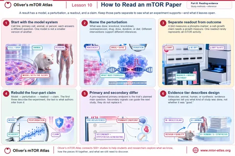 A result has four parts: the model system (cells, animal or person), the perturbation (knockout, knockdown, drug, dose, duration, diet), the readout (for example p-S6K1, p-4E-BP1 or p-AKT Ser473 on a blot, which rarely stands for all mTOR activity) and the claim the authors infer. A pre-registered primary endpoint is the planned question; secondary signals generate hypotheses. The evidence code (M, A, H, S) describes the kind of study, not its quality.