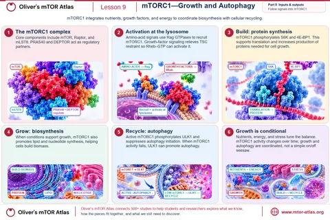 mTORC1 (mTOR, Raptor, mLST8; PRAS40 and DEPTOR regulate it) is activated at the lysosome by amino acids through Rags and by growth factors through Rheb. It phosphorylates S6K and 4E-BP1 for protein synthesis, supports lipid and nucleotide synthesis, and phosphorylates ULK1 to hold back autophagy; when its activity falls, ULK1 can start autophagy.