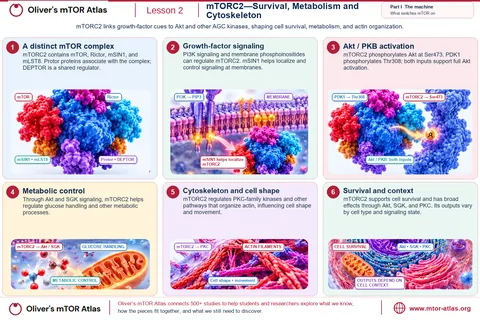 mTORC2 (mTOR, Rictor, mSIN1, mLST8, with Protor and DEPTOR) responds to PI3K and membrane phosphoinositides, phosphorylates Akt at Ser473 while PDK1 phosphorylates Thr308, and acts through Akt, SGK and PKC on glucose handling, actin organisation and cell survival.