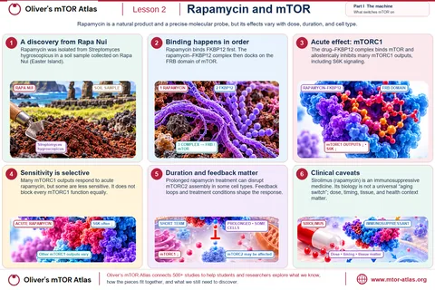 Rapamycin from Rapa Nui binds FKBP12 first; the pair docks on the FRB domain of mTOR. Acute rapamycin inhibits many mTORC1 outputs such as S6K but not all of them equally; prolonged treatment can disrupt mTORC2 assembly in some cell types; as a medicine (sirolimus) it is an immunosuppressant, not a universal ageing switch.
