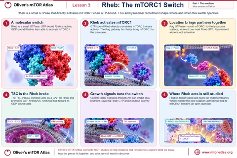 Rheb is a small GTPase: bound to GTP it directly stimulates mTORC1, bound to GDP it does so poorly. Rag GTPases bring mTORC1 to the lysosome where it can meet Rheb-GTP; recruitment alone is not activation. TSC1/TSC2 acts as a GAP that turns Rheb off, Akt signalling relieves that brake, and which membrane pool of farnesylated Rheb activates mTORC1 is still an open question.