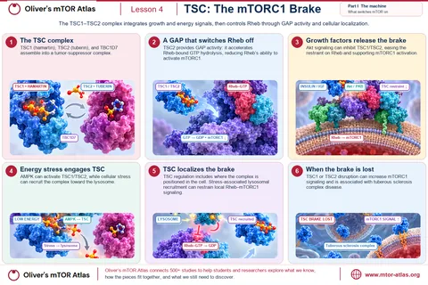 TSC1 (hamartin), TSC2 (tuberin) and TBC1D7 form a tumour-suppressor complex. TSC2 is a GAP that speeds GTP hydrolysis on Rheb. Insulin and IGF signalling through Akt inhibit the complex, AMPK under low energy activates it, and stress can recruit it to the lysosome. Losing TSC1 or TSC2 raises mTORC1 signalling and is associated with tuberous sclerosis complex.