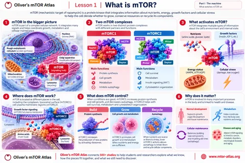 Six-panel overview: mTOR in the cell, the two complexes mTORC1 (mTOR, Raptor, mLST8, PRAS40, Deptor) and mTORC2 (mTOR, Rictor, mSin1, mLST8, Protor, Deptor), the four kinds of input (nutrients, growth factors, energy, stress), where in the cell each complex works, what mTOR controls (build, grow, recycle) and why it matters for health.
