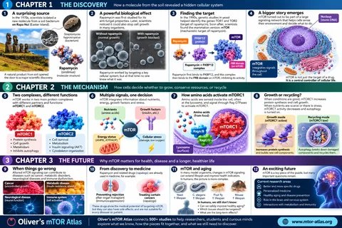 Thumbnail of the poster The mTOR story, three chapters: the discovery of rapamycin and mTOR, how mTOR reads nutrients, growth factors, energy and stress, and what it means for disease, medicine and ageing.